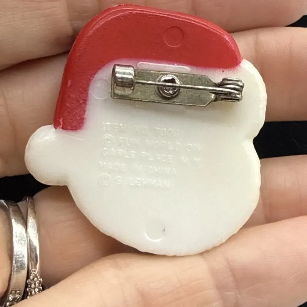 Signed S. Lehman Fun World Plastic Santa Claus Christmas Brooch Vintage READ
